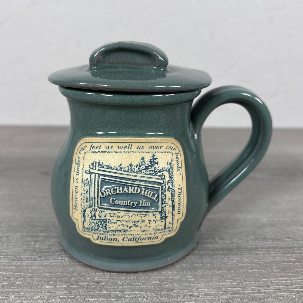 Deneen Pottery Orchard Hill Country Inn /Julian CA / Mug Green Lid / Coffee Gift